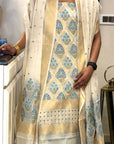 Golden Blue on Ivory Unstitched Cotton Silk Banarasi Suit (3 Pcs)