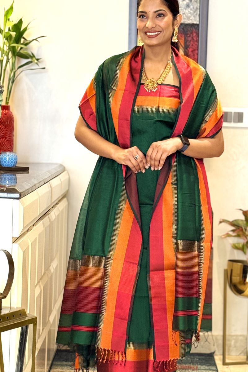 Green Dorang Resham Border Unstitched Cotton Silk Maheshwari Suit (2 Pcs)