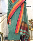 Pastel Green Resham Border Unstitched Cotton Silk Maheshwari Suit (2 Pcs)