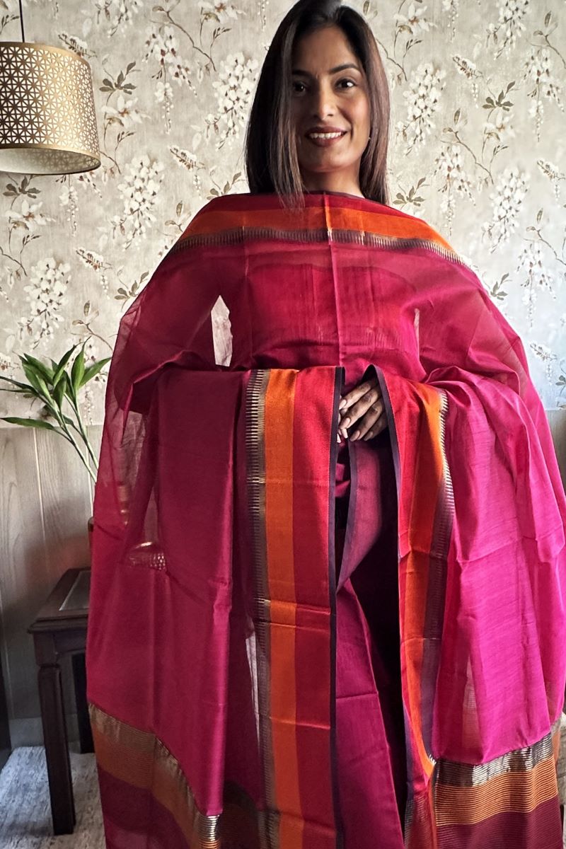 Warm Magenta Resham Border Unstitched Cotton Silk Maheshwari Suit (2 Pcs)