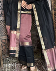 Pastel Pink Black Unstitched Cotton Silk Maheshwari Suit (3 Pcs)