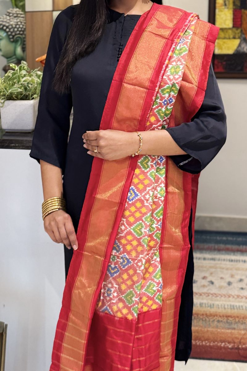 Dusk Blaze Pure Silk Ikat Handwoven Dupatta
