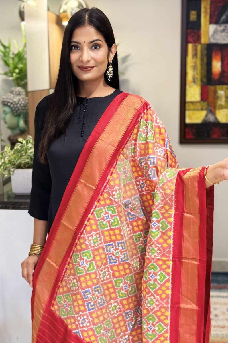 Dusk Blaze Pure Silk Ikat Handwoven Dupatta