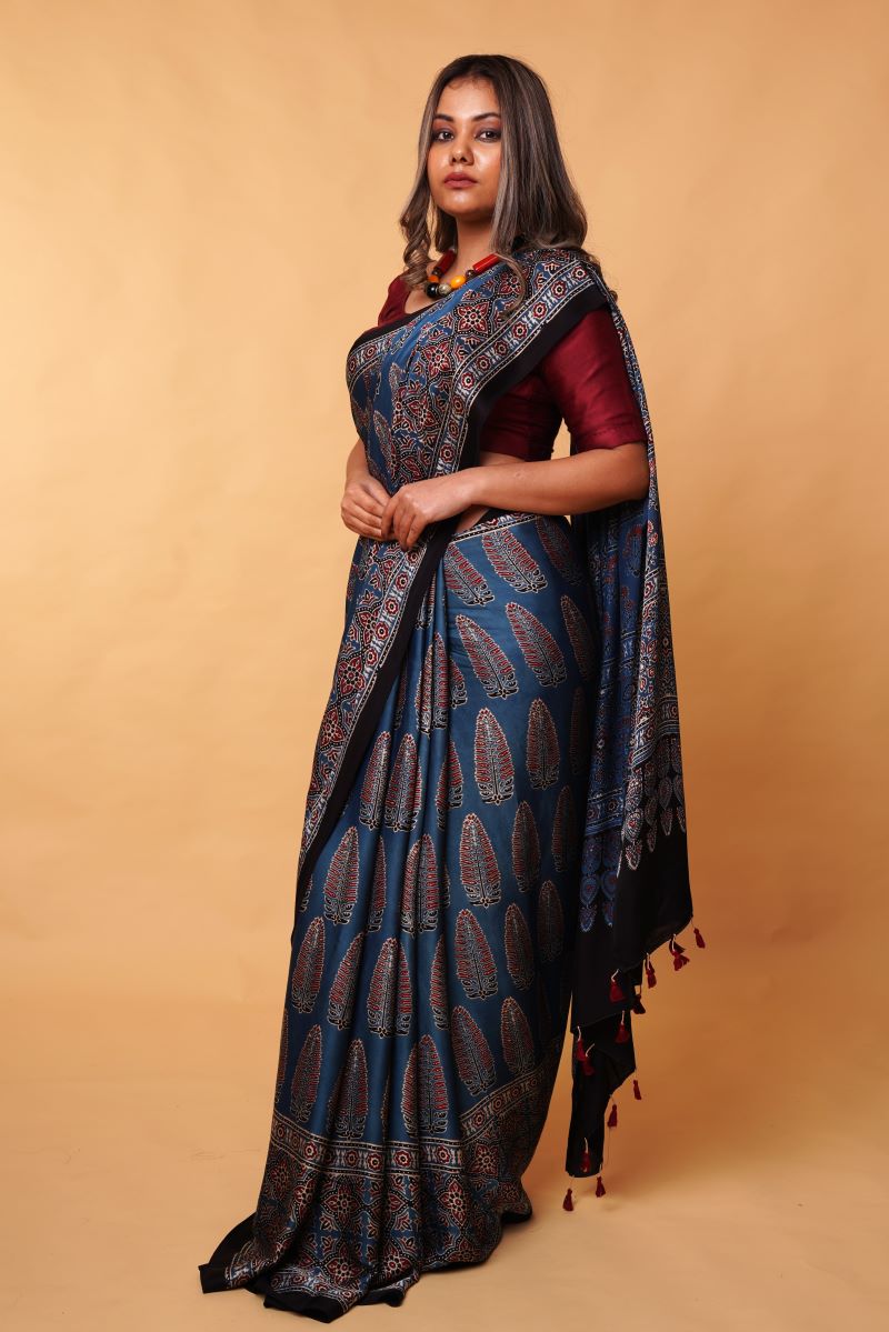 Indigo Asopalav Ajrakh Modal Silk Saree