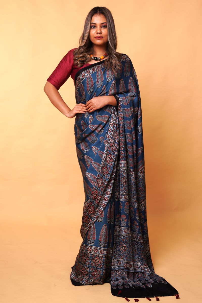 Indigo Asopalav Ajrakh Modal Silk Saree