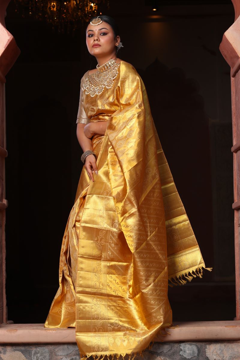 Sunshine Gold Pure Zari Mulberry Silk Kanjivaram Saree