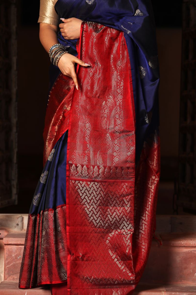 Crimson Blue Soft Silk Kanjivaram Saree