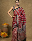 Red Chevron Flora Ajrakh Modal Silk Saree
