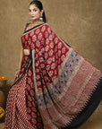 Red Chevron Flora Ajrakh Modal Silk Saree