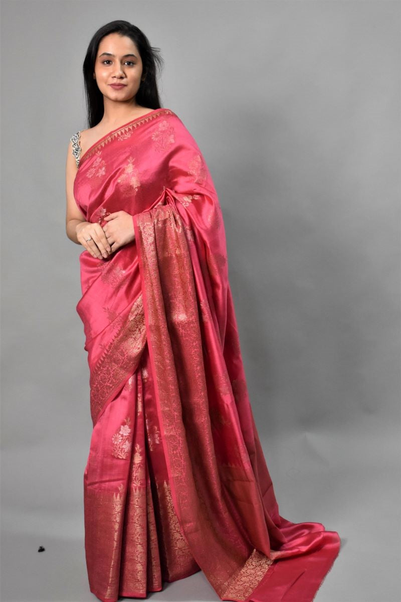 Pink Handloom Banarasi Chiniya Silk Saree: House Of Elegance