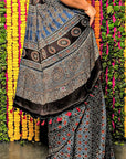 Blue ajrakh print saree