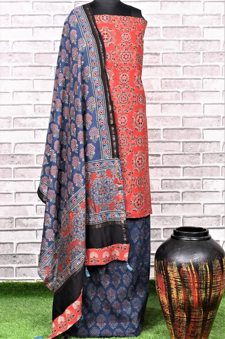 Red Indigo Kamal Unstitched Cotton Chanderi Ajrakh Print Suit
