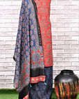 Red Indigo Kamal Unstitched Cotton Chanderi Ajrakh Print Suit