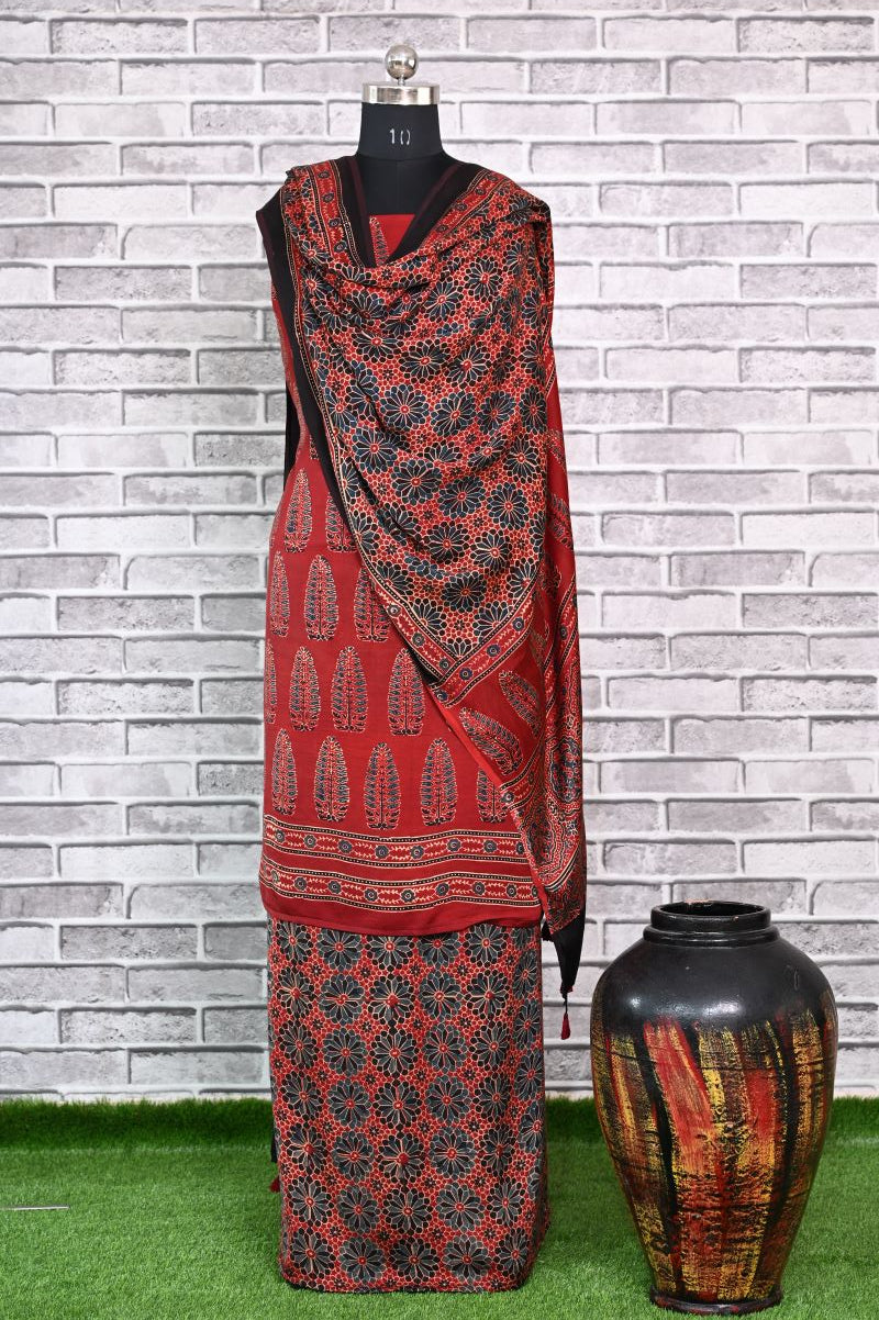 Red Asopalav Unstitched Modal Silk Ajrakh Print Suit