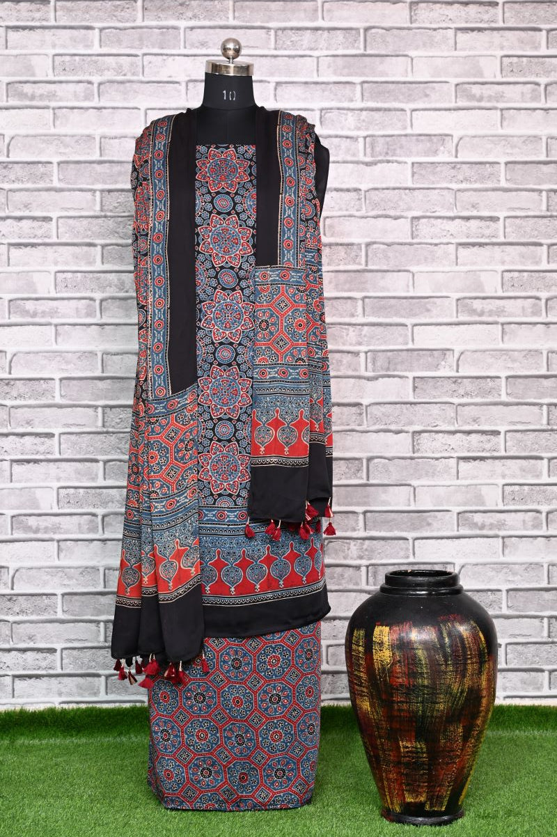 Indigo Madhagalo Unstitched Modal Silk Ajrakh Print Suit