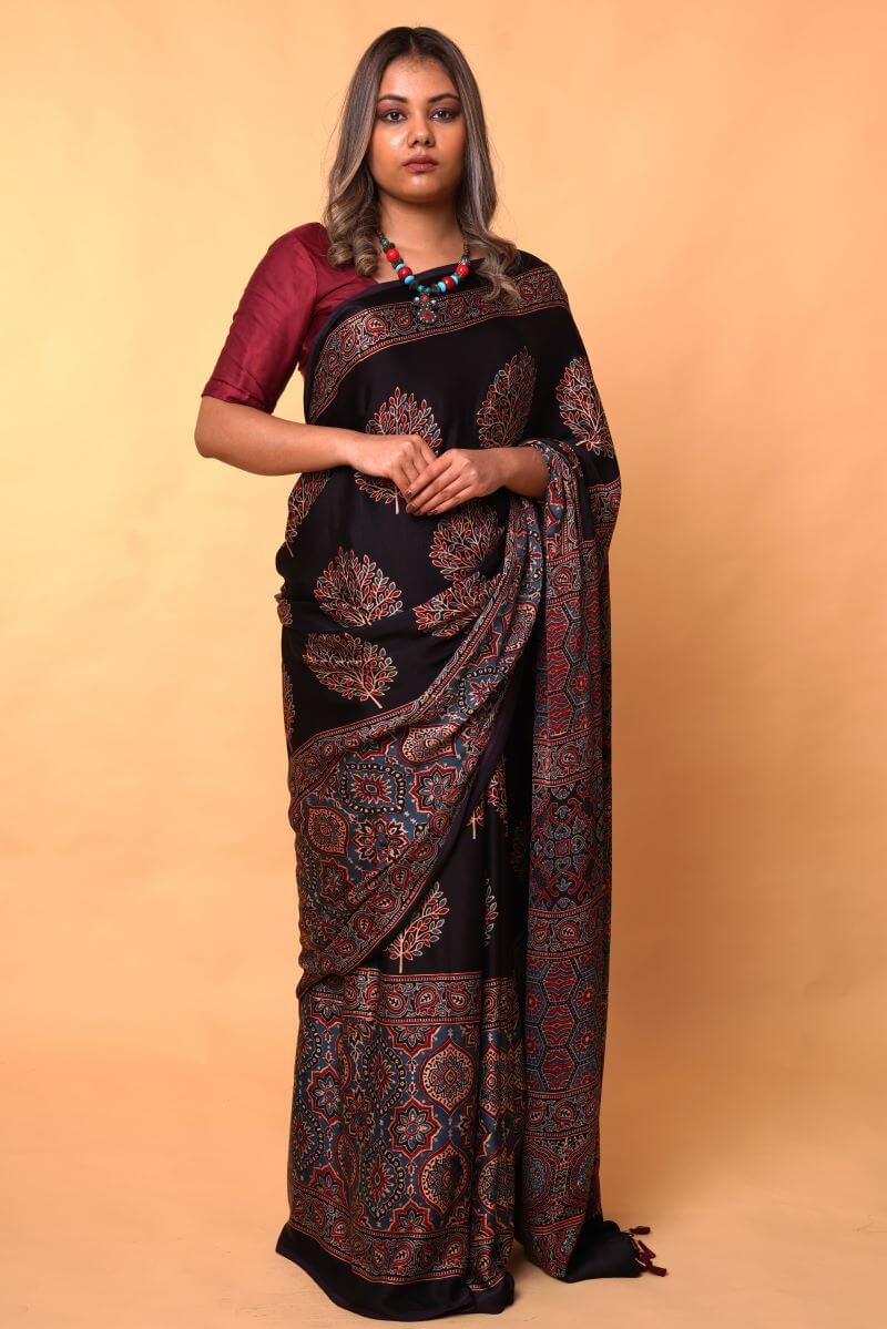 Black Grove String Ajrakh Modal Silk Saree Online: House Of Elegance – House  Of Elegance - Style That Inspires