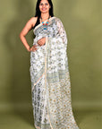 White Buta Hand Block Chanderi Silk Saree: House Of Elegance