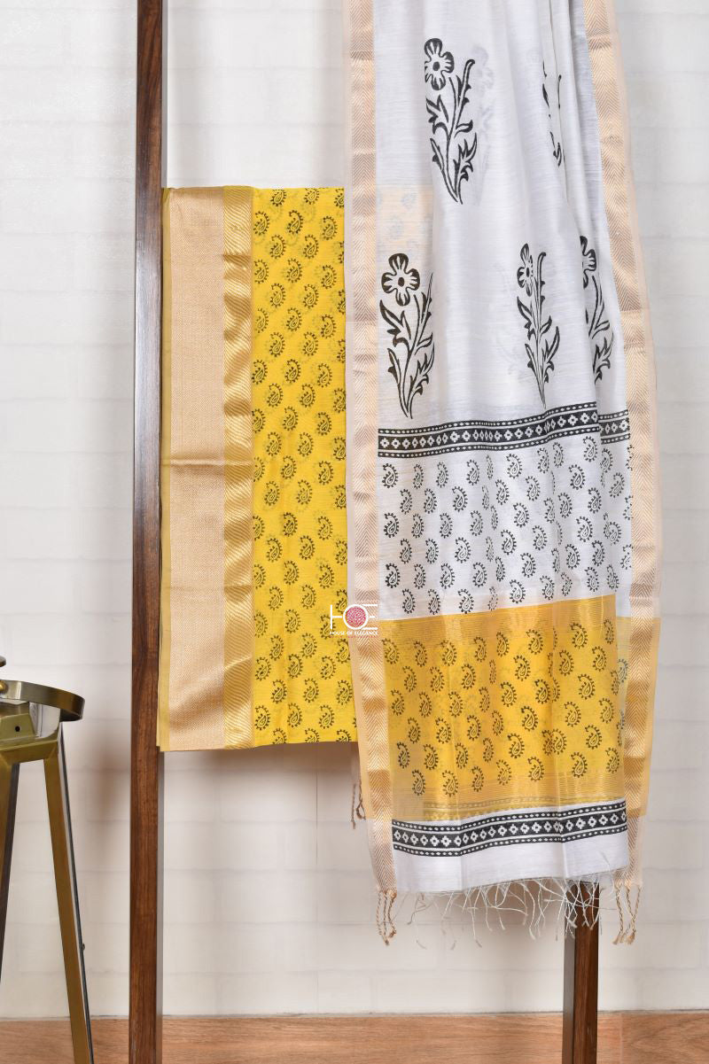 White Accent on Yellow / SiCo | Maheshwari Hand Block | 2 Pcs Suit - Handcrafted Home decor and Lifestyle Products