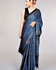Ajrakh Modal Silk Sarees Indigo Blue Black Sari Ajrakh Hand Block Print Sari From Kutch Resist Dyeing Technique Using Vegetable Dye