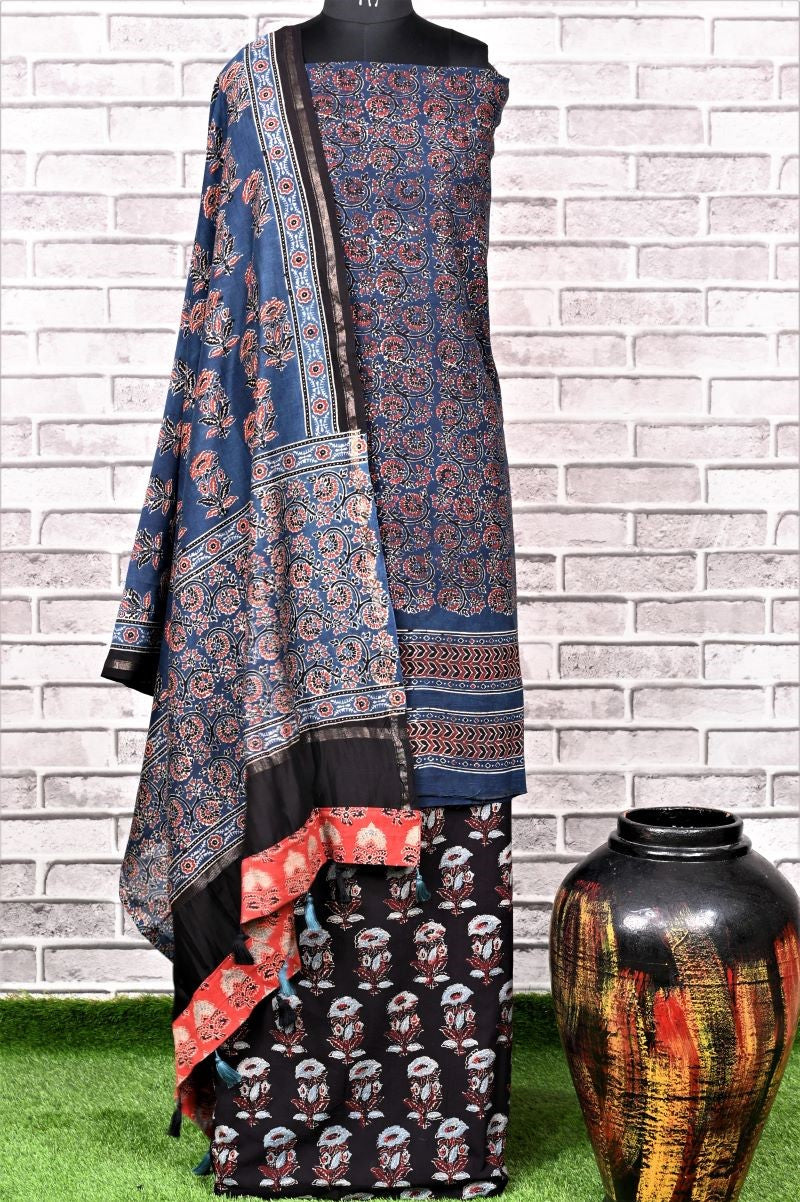 Indigo Black Unstitched Cotton Chanderi Ajrakh Print Suit