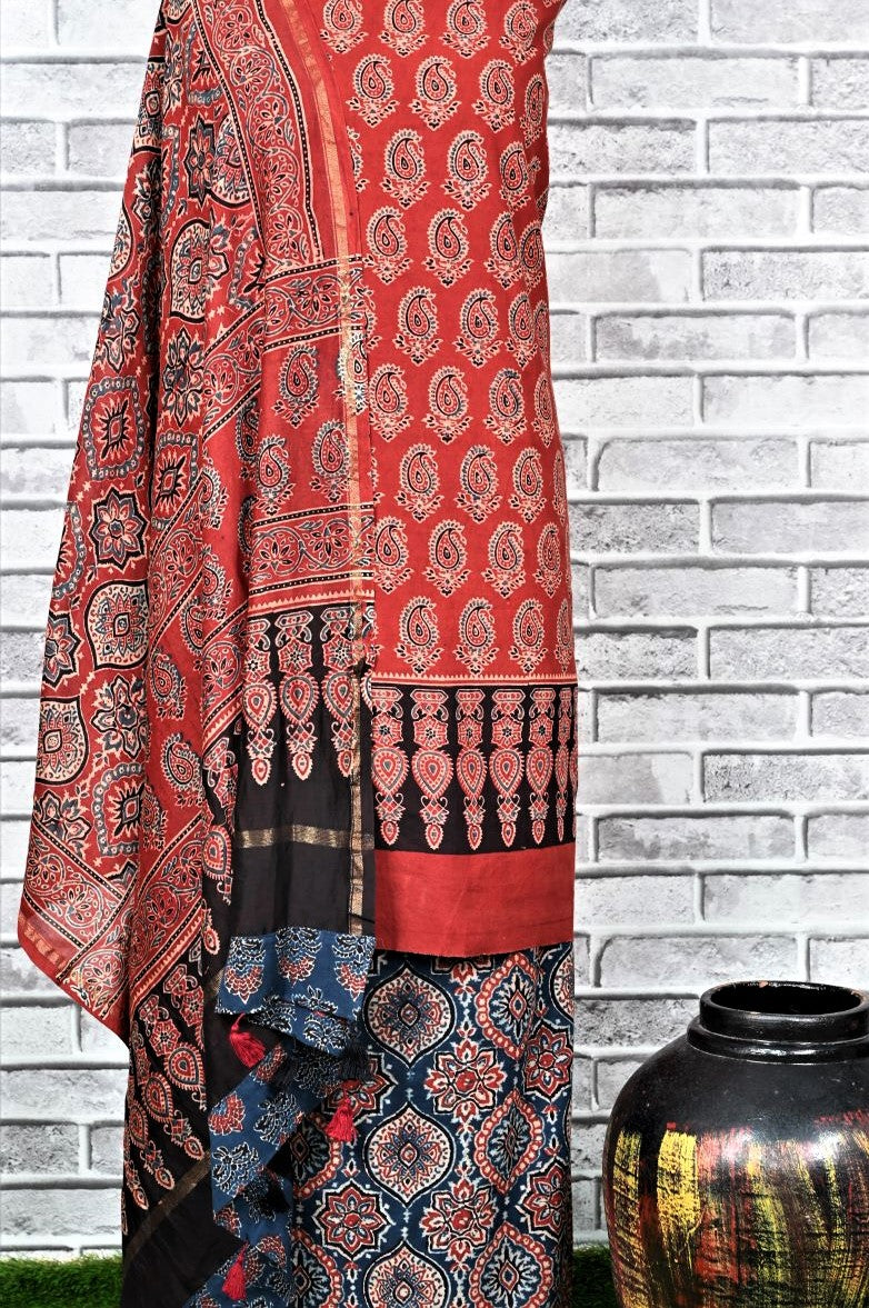 Red Indigo String Unstitched Cotton Chanderi Ajrakh Print Suit