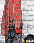 Red Indigo String Unstitched Cotton Chanderi Ajrakh Print Suit
