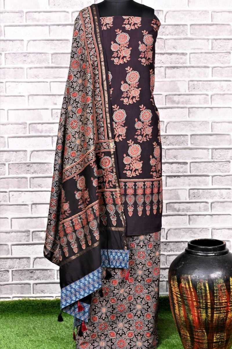 Black Corsage Unstitched Cotton Chanderi Ajrakh Print Suit