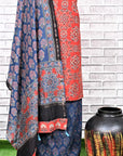 Red Indigo Kamal Unstitched Cotton Chanderi Ajrakh Print Suit