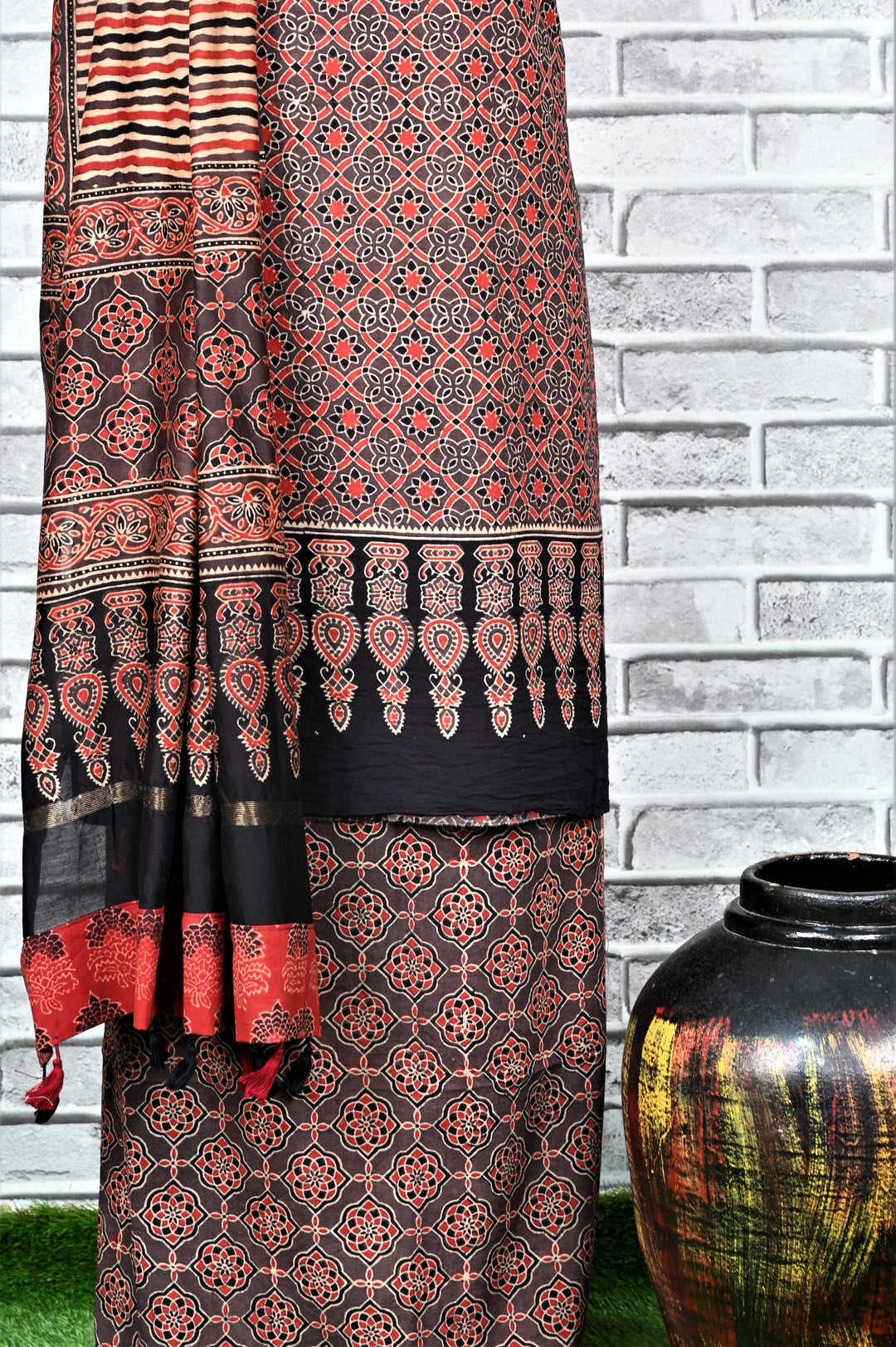 Mahogany Star Unstitched Cotton Chanderi Ajrakh Print Suit