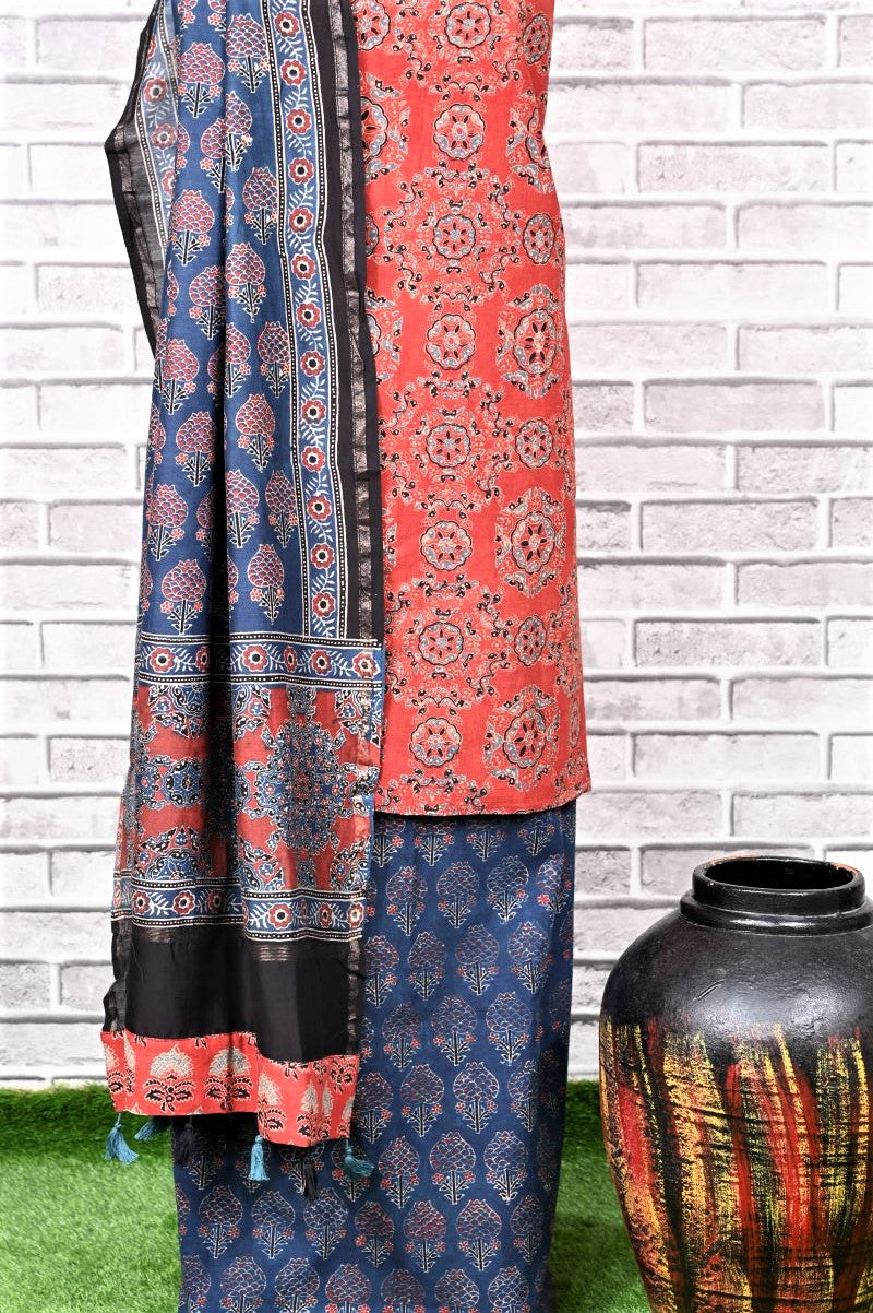Red Indigo Kamal Unstitched Cotton Chanderi Ajrakh Print Suit