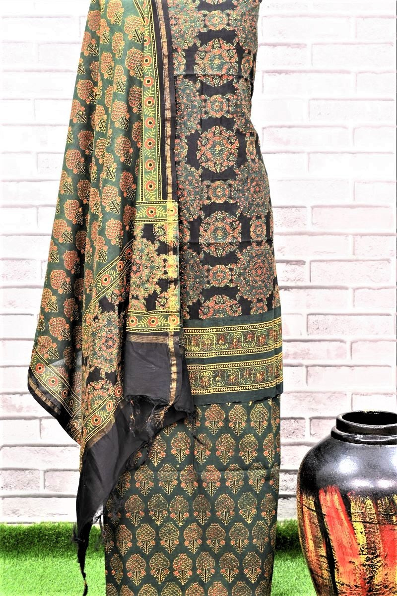 Green Kamal Pital Unstitched Cotton Chanderi Ajrakh Print Suit