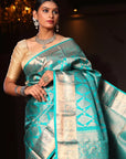 Blue Handloom Mulberry Silk Kanjivaram Saree