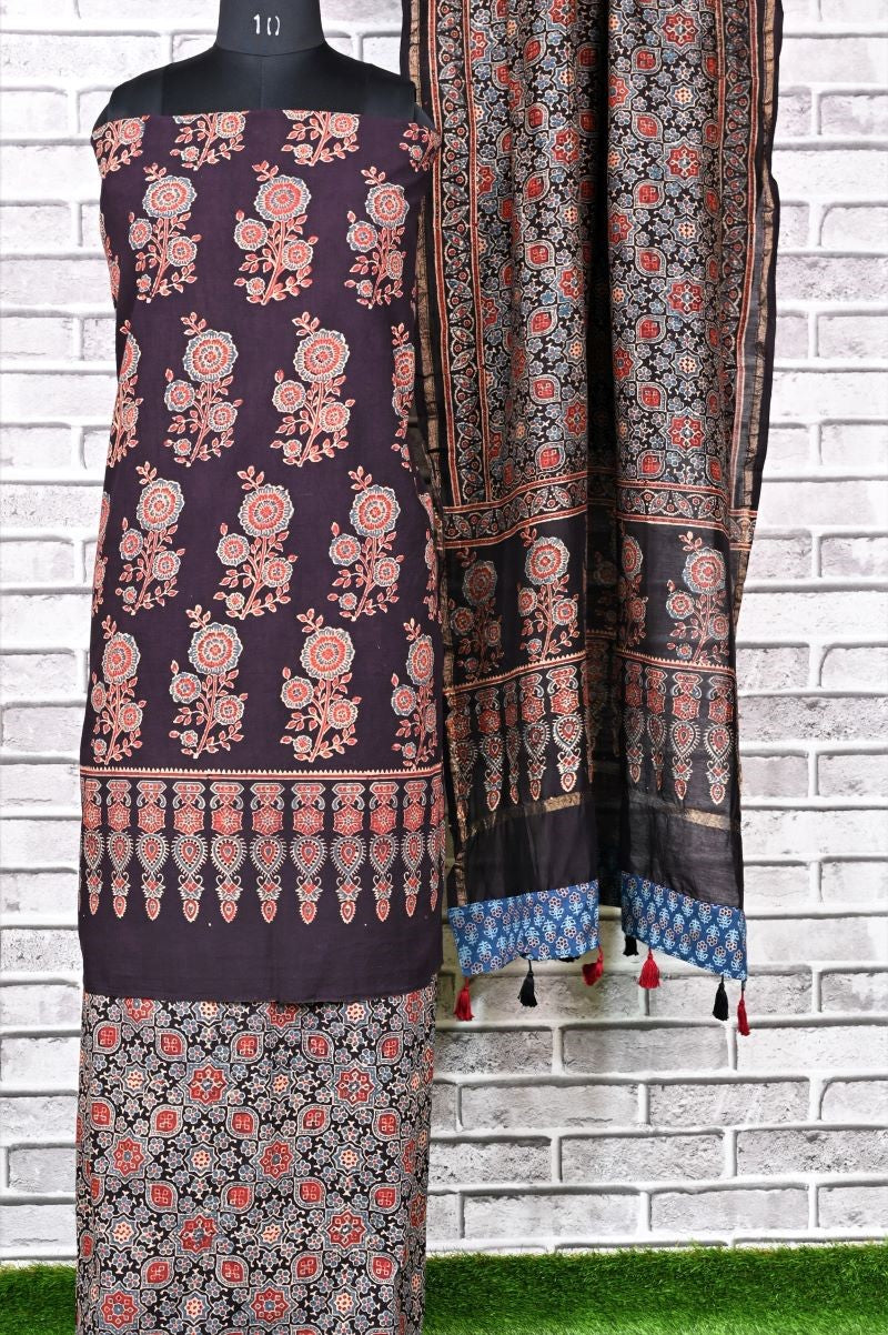 Black Corsage Unstitched Cotton Chanderi Ajrakh Print Suit