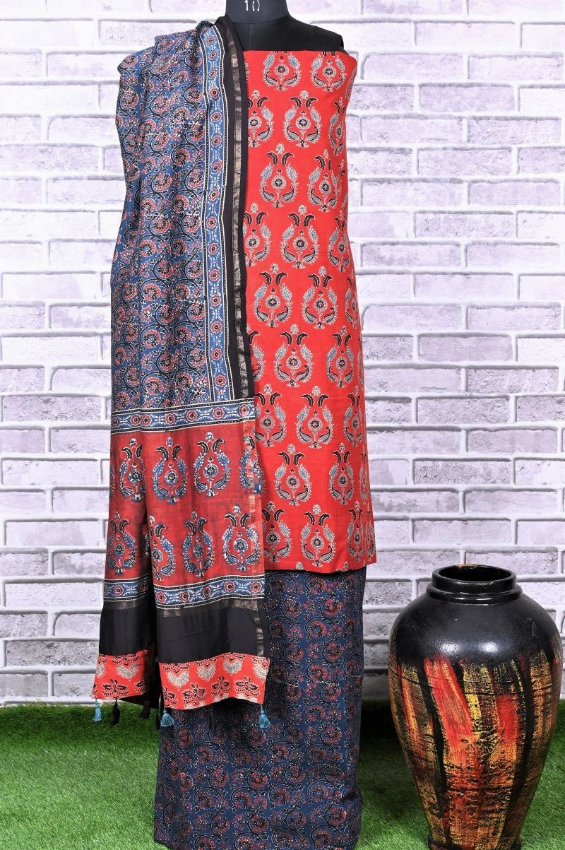 Red Indigo Unstitched Cotton Chanderi Ajrakh Print Suit