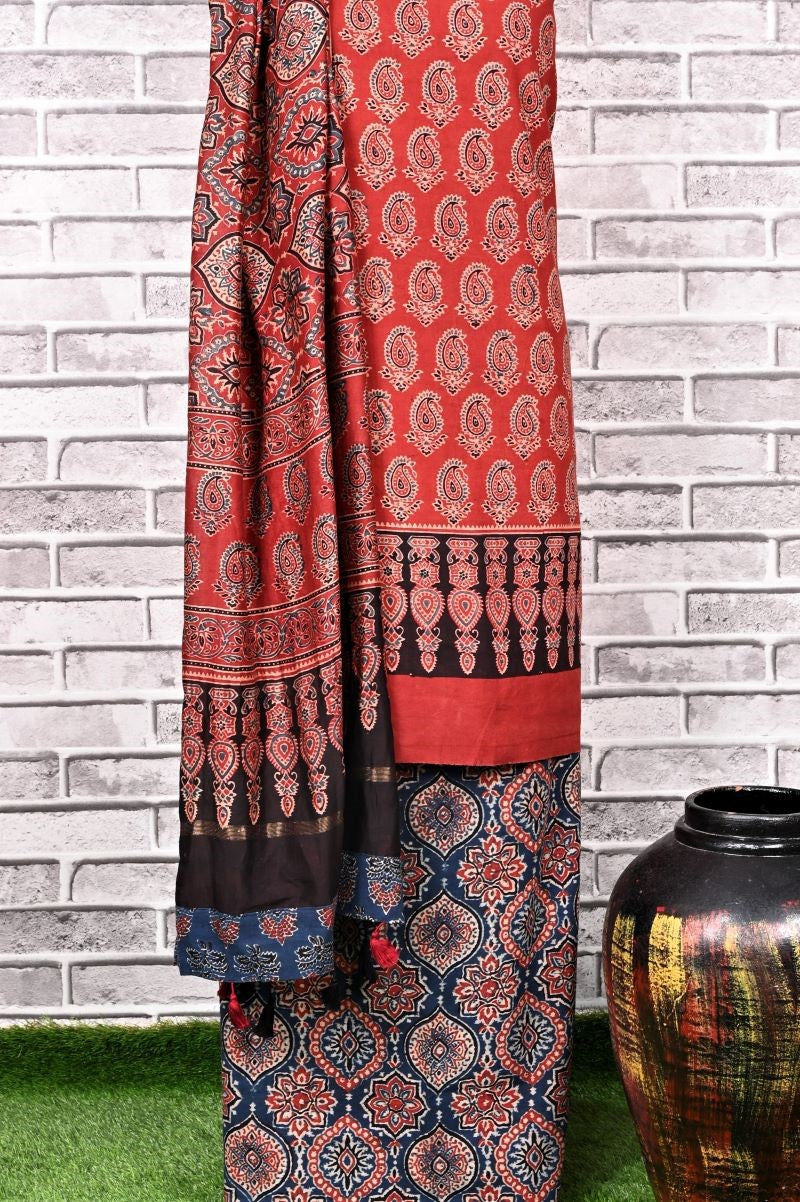 Red Indigo String Unstitched Cotton Chanderi Ajrakh Print Suit