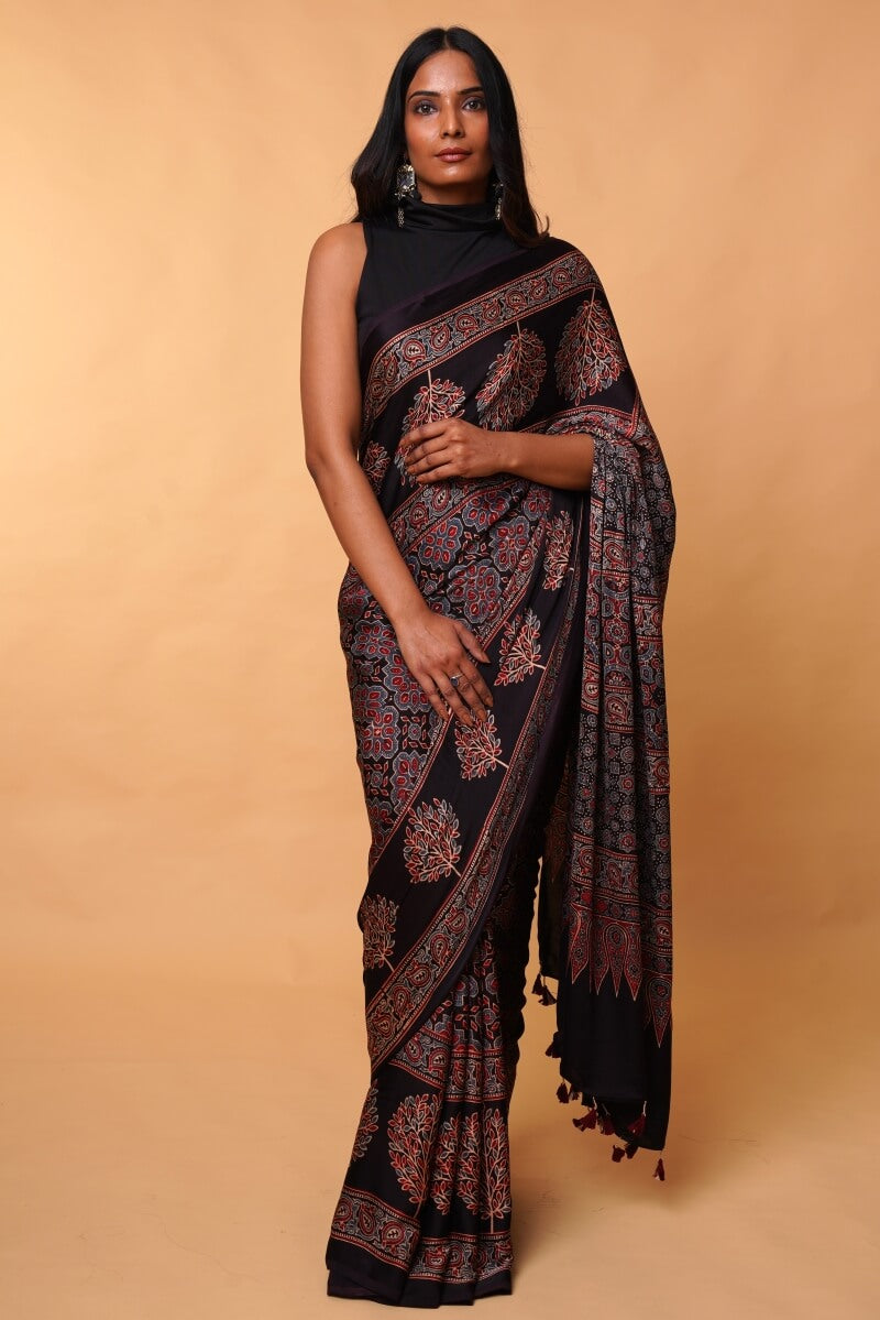 Black Ajrakh Silk Saree