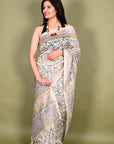 Ivory Jaal Hand Block Chanderi Silk Saree: House Of Elegance