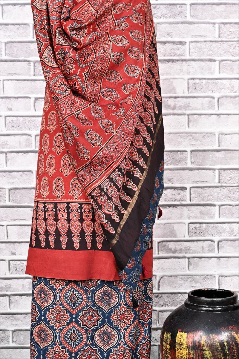 Red Indigo String Unstitched Cotton Chanderi Ajrakh Print Suit