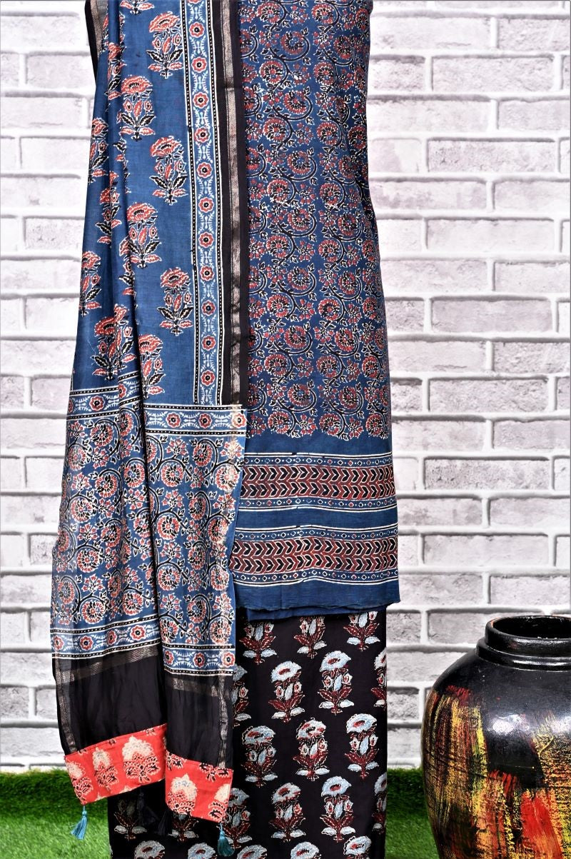 Indigo Black Unstitched Cotton Chanderi Ajrakh Print Suit