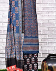 Indigo Black Unstitched Cotton Chanderi Ajrakh Print Suit