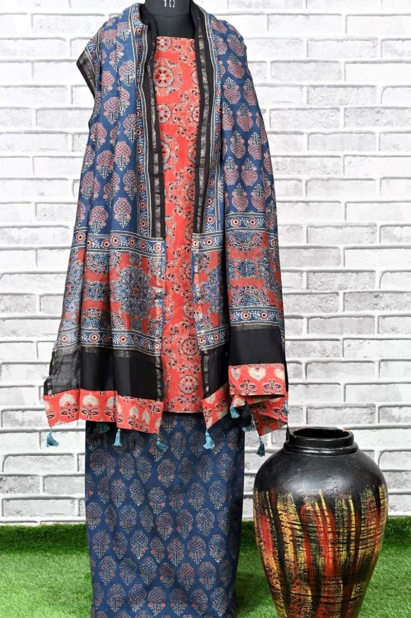 Red Indigo Kamal Unstitched Cotton Chanderi Ajrakh Print Suit