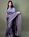 Grey Handloom Banarasi Chiniya Silk Saree: House Of Elegance