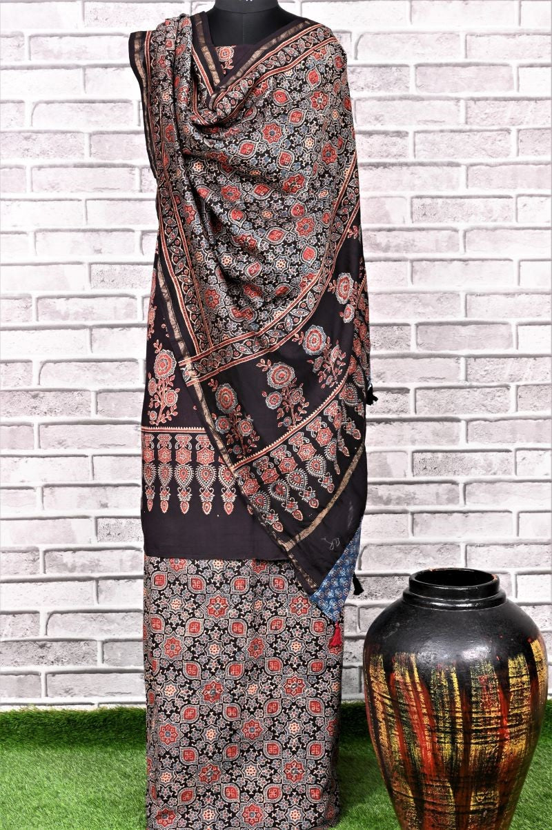 Black Corsage Unstitched Cotton Chanderi Ajrakh Print Suit