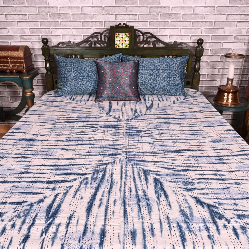 indigo-white-print-kantha-stitch-bed-cover
