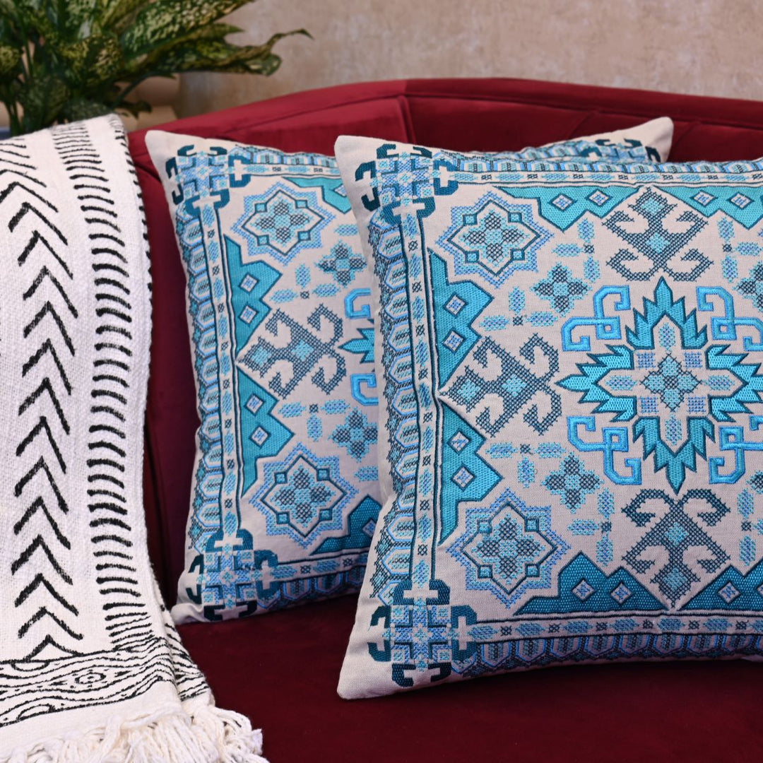 Blue Arabic Cotton Embroidered Cushion Cover