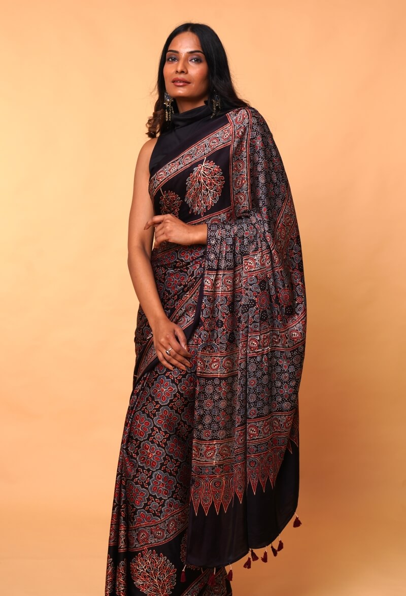 Black Ajrakh Saree
