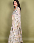 Ivory Jaal Hand Block Chanderi Silk Saree: House Of Elegance