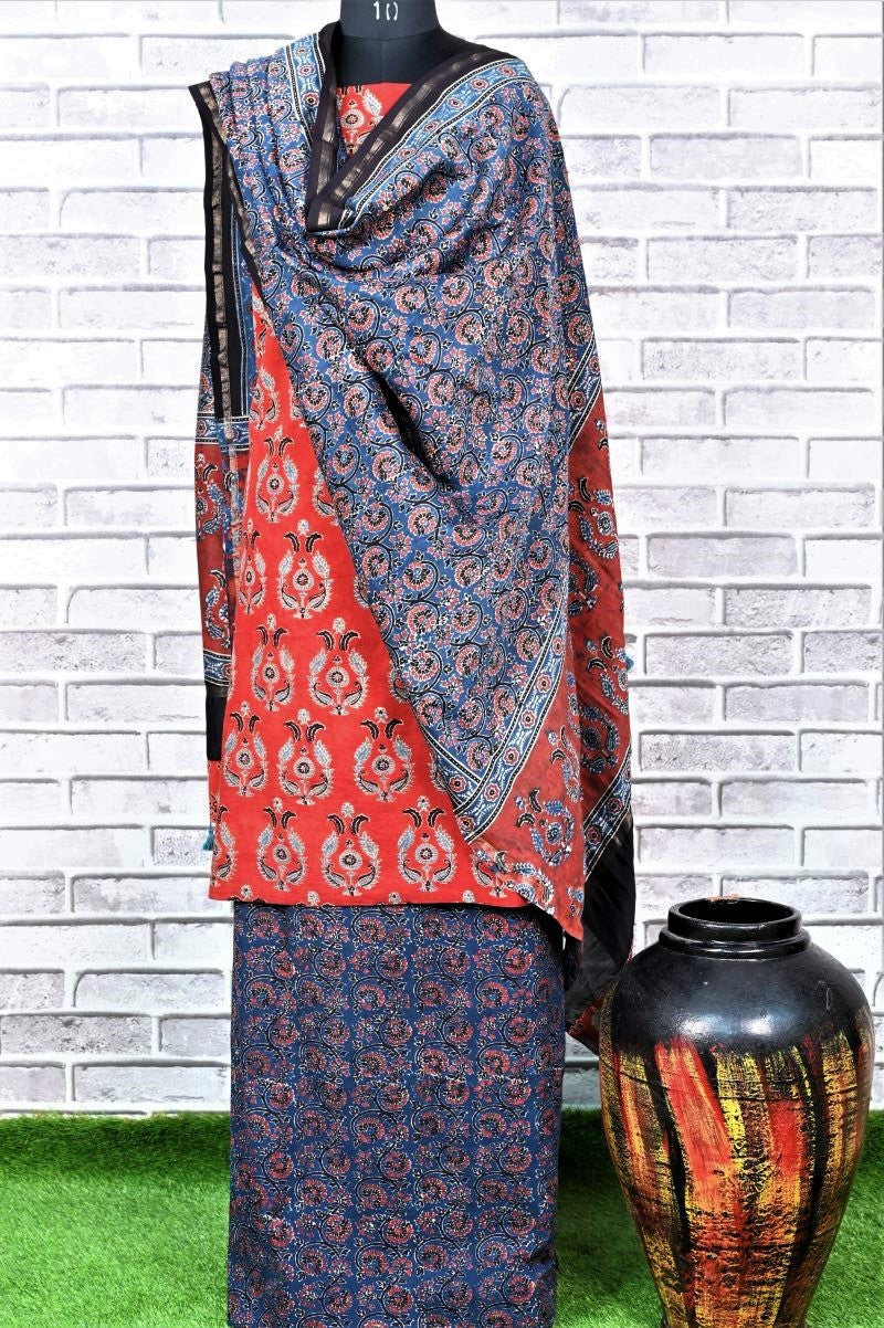 Red Indigo Unstitched Cotton Chanderi Ajrakh Print Suit