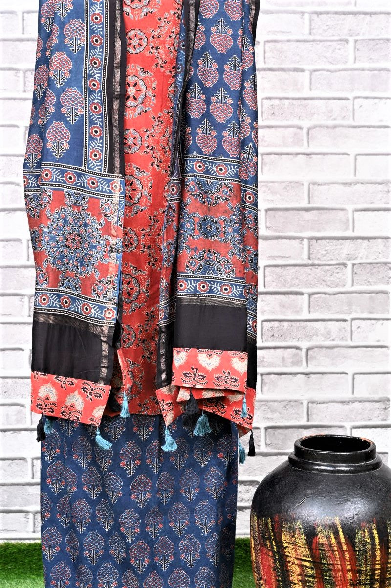 Red Indigo Kamal Unstitched Cotton Chanderi Ajrakh Print Suit