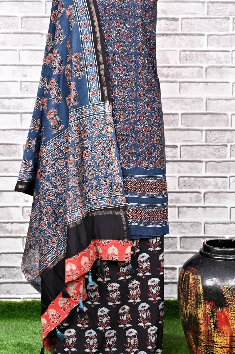 Indigo Black Unstitched Cotton Chanderi Ajrakh Print Suit